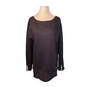 Talbots Black Waffle Knit Tunic Top Striped‎ Button Cuffs Kanga Pocket M
